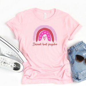 Sweet But Psycho Rainbow Print Graphic Tee Pink